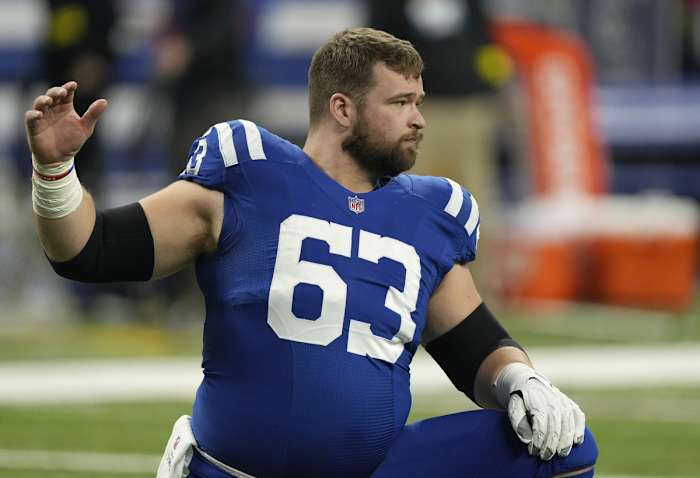 Dec 26, 2022; Indianapolis, Indiana, USA; Indianapolis Colts guard Danny Pinter (63) warms up before action against the Los Angeles Chargers Monday, Dec. 26, 2022, at Lucas Oil Stadium.